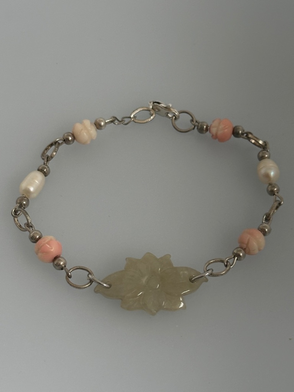 Carved Jade Floral Bracelet with Pink Coral and Real Pearls Accents